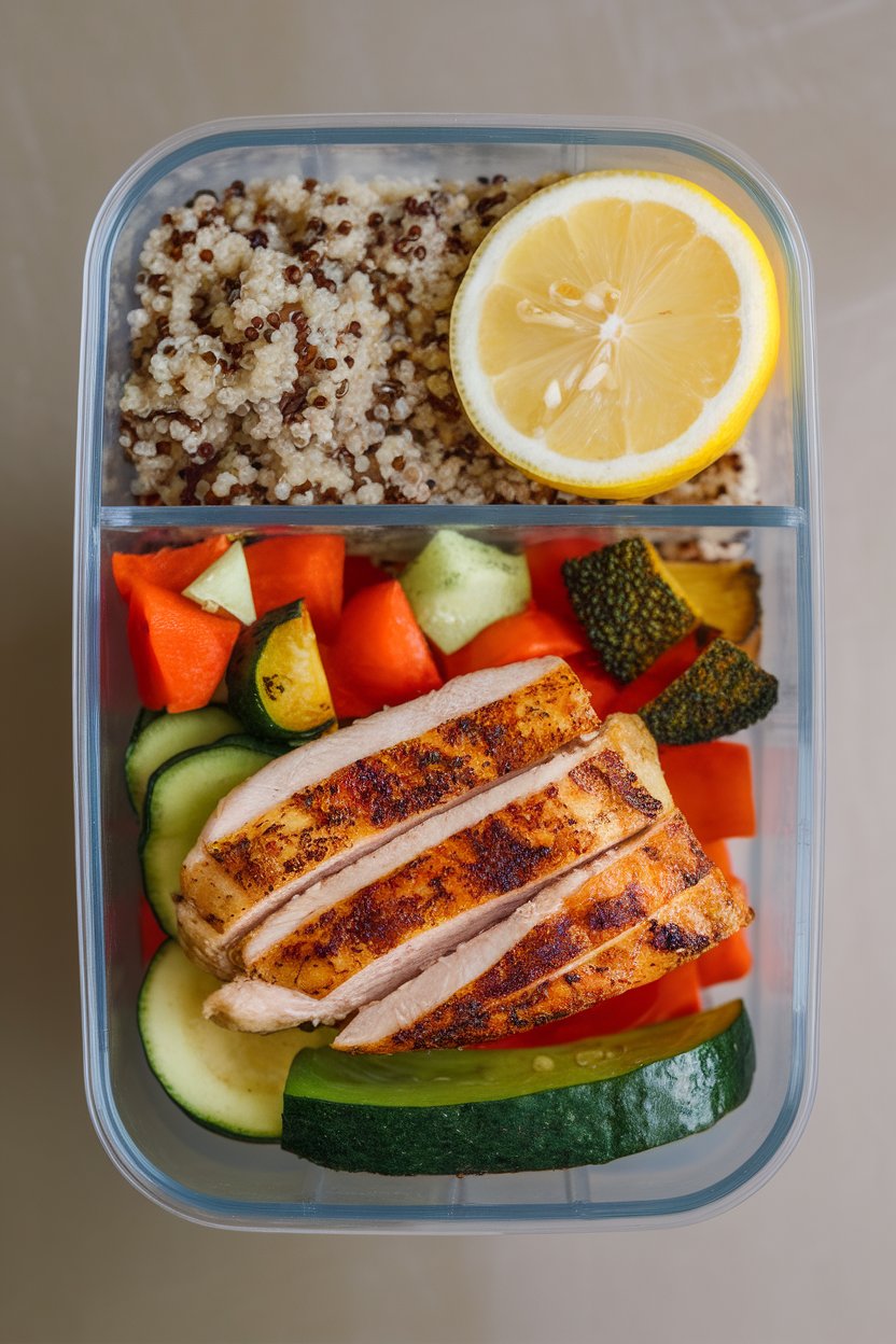 An indoor lunch container with quinoa, roasted veggies, grilled chicken, and a lemon wedge—clearly five simple components; no logos. Photo.