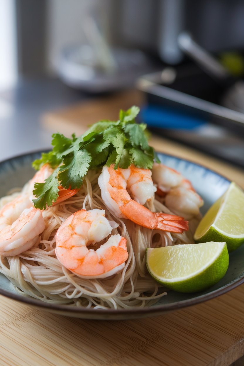 Indoor plate of thin vermicelli noodles with pink shrimp, cilantro leaves, and lime wedges. No text or logos.