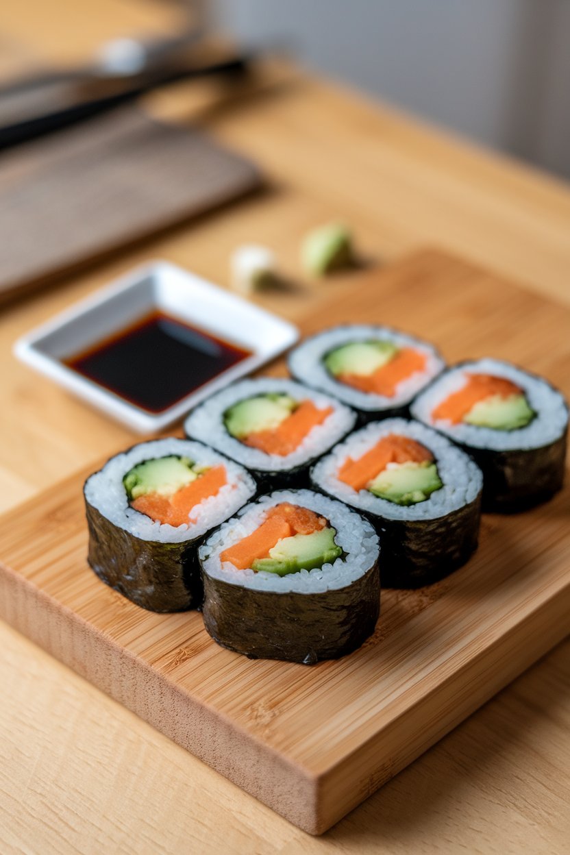 A wooden cutting board indoors holding sliced vegetable sushi rolls with avocado, carrot, and cucumber, plus a small dish of soy sauce; photo only, no text or logos.