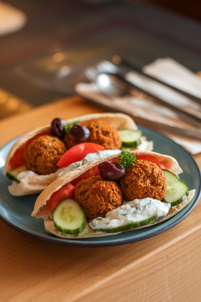 Indoor photo of pita halves filled with baked falafel, cucumber, tomato, and tzatziki, no text or logos.