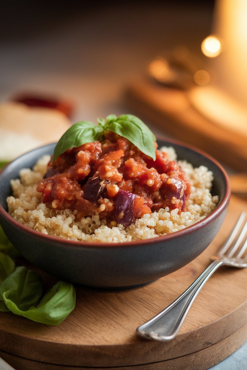 Indoor bowl featuring quinoa topped with Sicilian eggplant caponata garnished with basil; warm ambient lighting; photo, no text or logos.