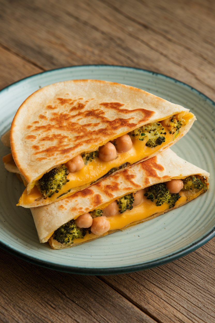 Indoor plate, broccoli-cheddar quesadilla with chickpeas, cheese pull visible, photo, no text or logos.