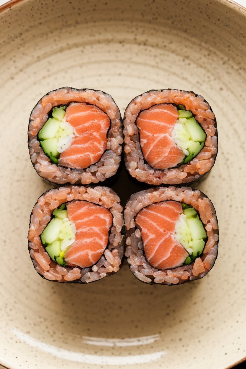 An indoor tabletop photo of sliced sushi rolls made with brown rice, cooked salmon, cucumber, and avocado, arranged on a simple ceramic plate. No text or logos anywhere.