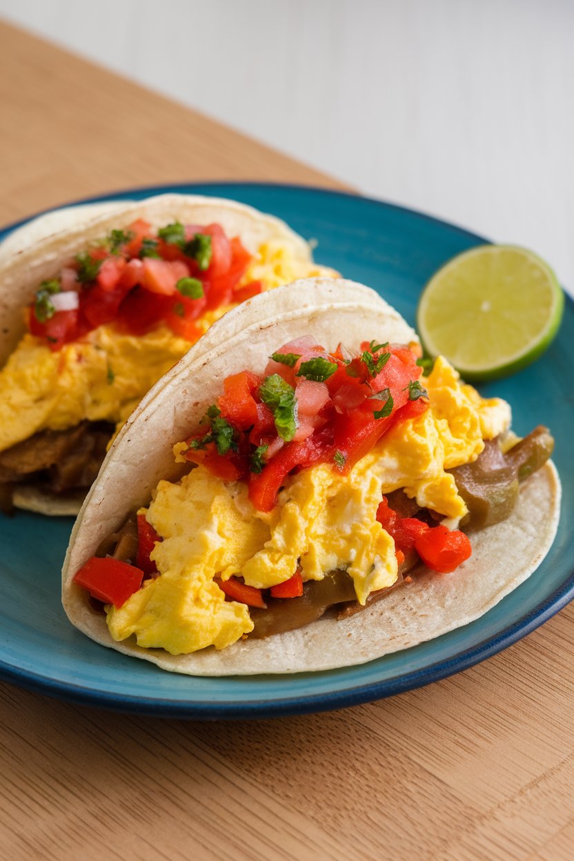 Indoor photo of two corn tortillas filled with scrambled eggs, sautéed peppers, and salsa, lime wedge on side, no text or logos.