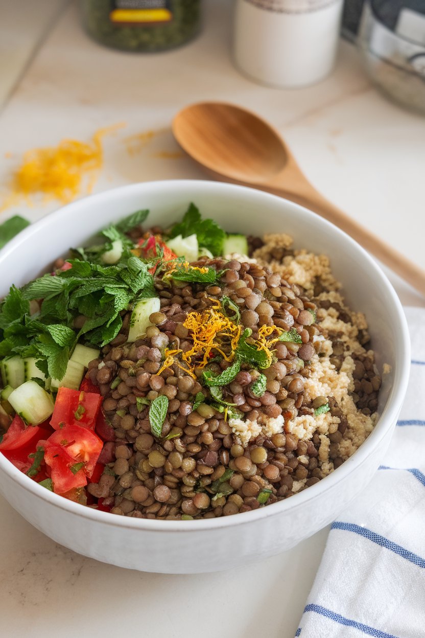 Indoor kitchen counter showcasing a bowl of green lentils tossed with parsley, mint, diced tomatoes, cucumber, and bulgur, sprinkled with lemon zest. Photo only, no text or logos.
