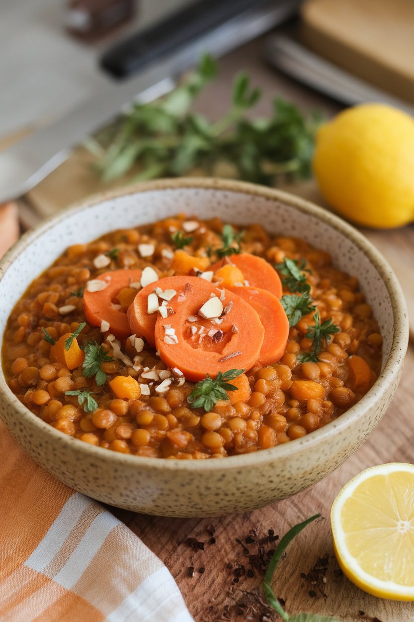 An indoor bowl of orange-hued lentil stew with carrot rounds, apricots, and a sprinkle of chopped almonds on top; no text or logos; photo.