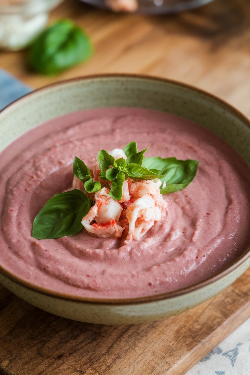 Indoor shallow bowl of smooth gazpacho topped with a small mound of crab meat and basil chiffonade. No text or logos.