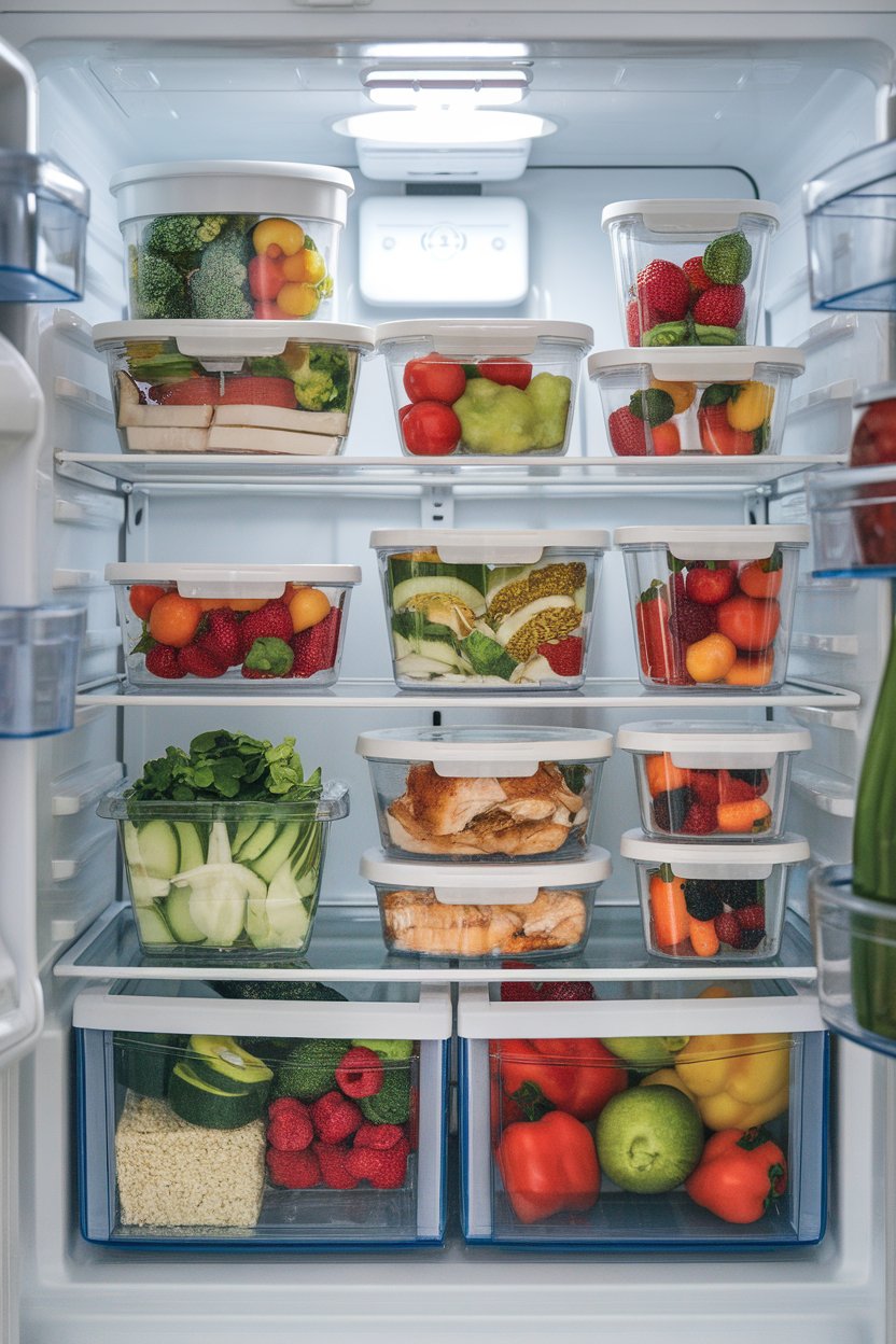 Photo of an open refrigerator interior stocked with clear containers of prepped veggies, grilled chicken, and berries; bright fridge light; no text or logos.