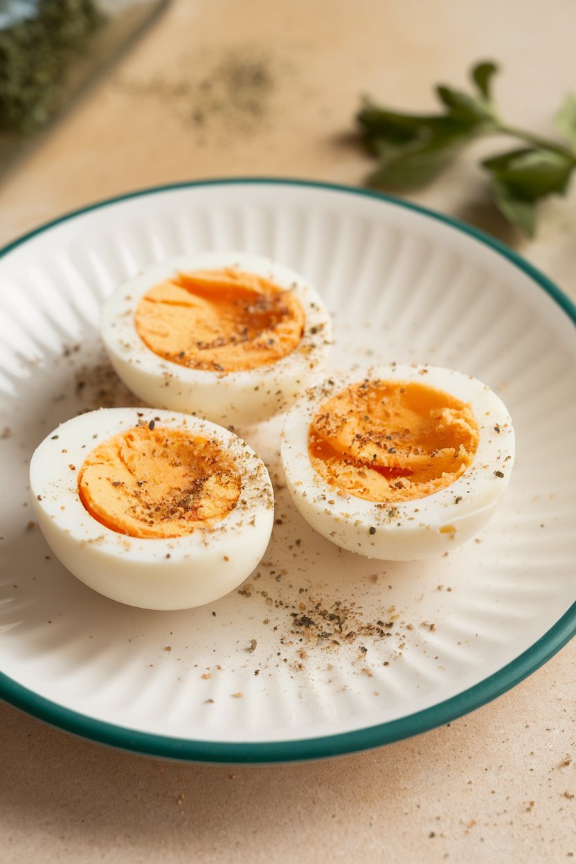 An indoor snack plate with peeled hard-boiled egg halves sprinkled with everything bagel seasoning; no visible brands.
