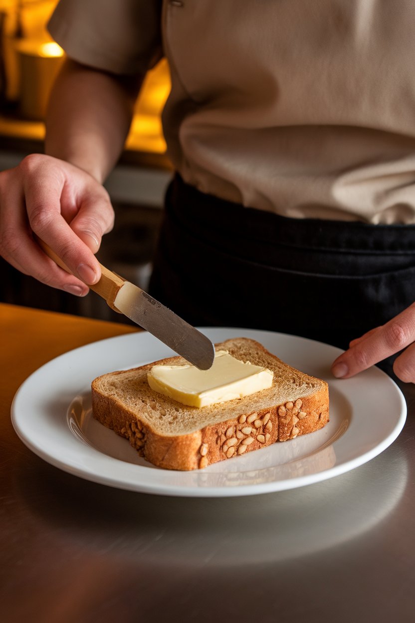 Indoor close-up of a diner spreading a pat of butter—roughly the width of two fingers—onto a slice of whole-grain toast. Warm lighting, no text or logos.