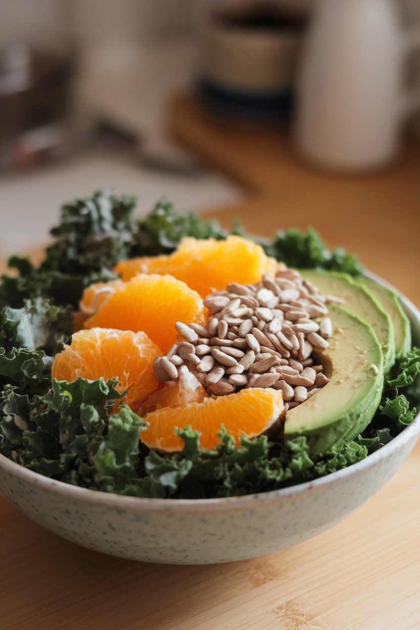 An indoor bowl containing shredded kale, orange segments, avocado, and sunflower seeds, light vinaigrette coating. No branding or text. Photo.