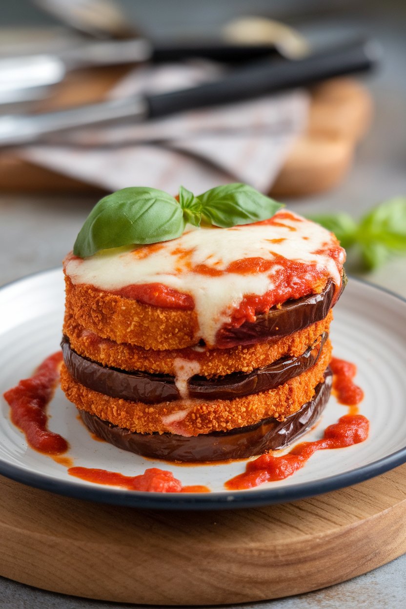 Indoor plate of three breaded eggplant rounds stacked with marinara and mozzarella, basil leaf on top. Photo only, no text or logos.