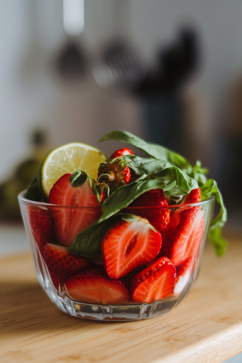 Photo of a glass bowl indoors filled with sliced strawberries, fresh basil ribbons, and a squeeze of lime juice. No text or logos.