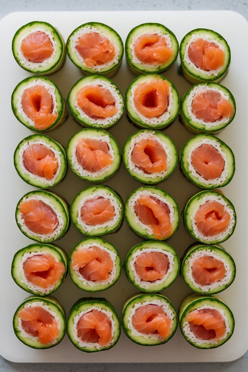 An indoor cutting board with bite-sized cucumber rolls filled with smoked salmon and avocado, slices neatly arranged. No text or logos.