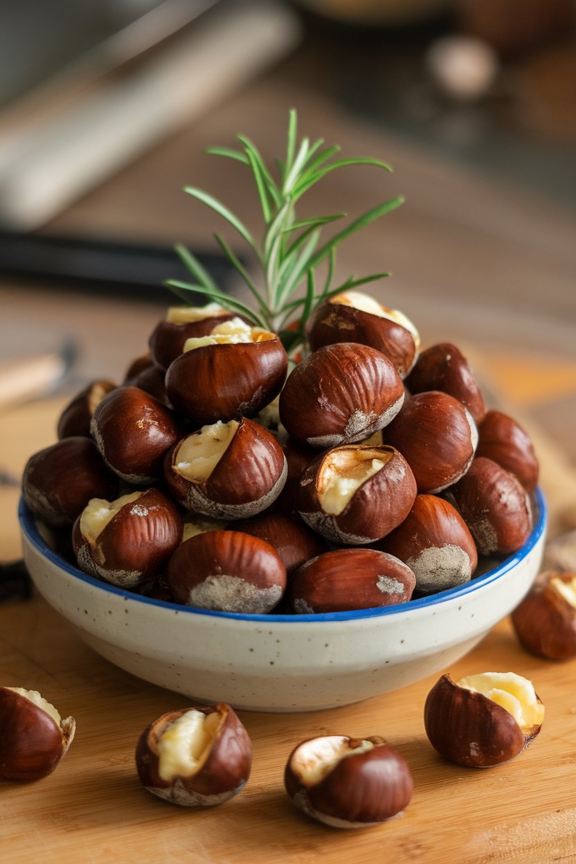 Indoor bowl of peeled roasted chestnuts glistening with garlic butter and rosemary. No text or logos. Photo only.
