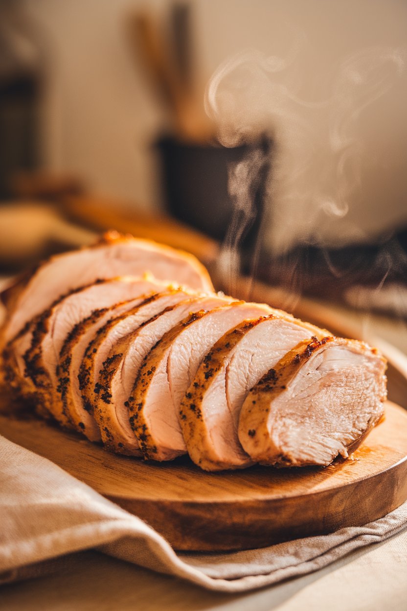 Indoor photo of freshly sliced roast chicken breast arranged on a wooden board, thin steam hinting at warmth, no text or logos