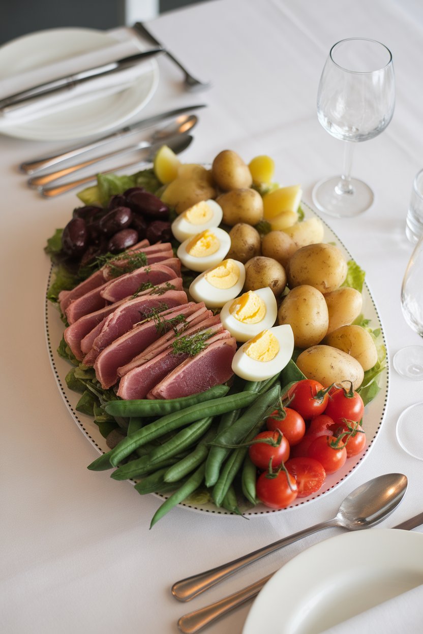 Indoor dining table set with a platter of Niçoise salad—flaked cooked tuna, green beans, baby potatoes, olives, hard-boiled egg wedges, and cherry tomatoes lined up artfully. Photo only, no text or logos.