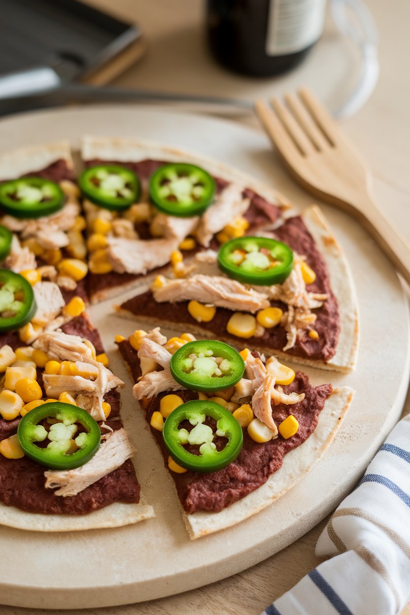 Indoor photo of black bean flour tortilla pizza with corn, jalapeño slices, and shredded chicken on a stone board, no text or logos