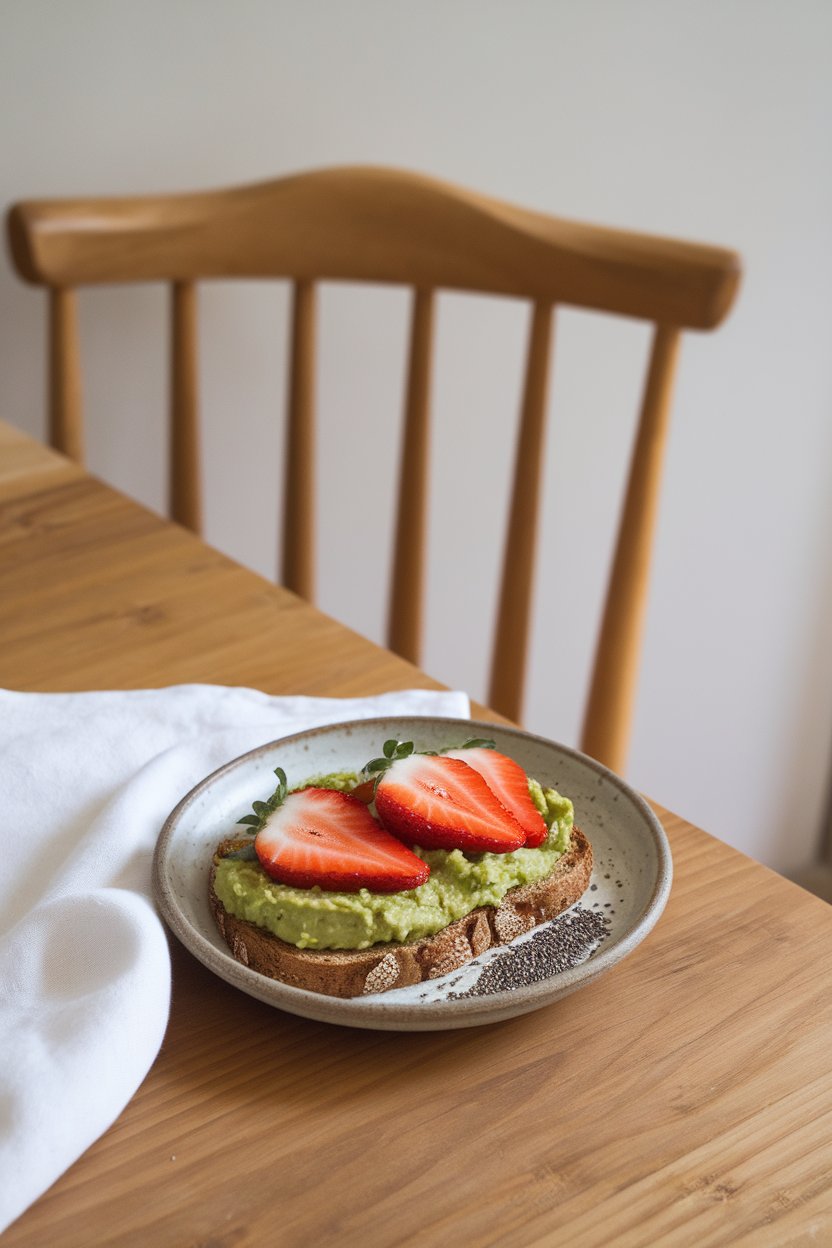 Photo prompt: An indoor breakfast nook featuring whole-grain toast topped with mashed avocado, sliced strawberries, and a sprinkle of chia seeds on a small ceramic plate. No text or logos on plate or background.
