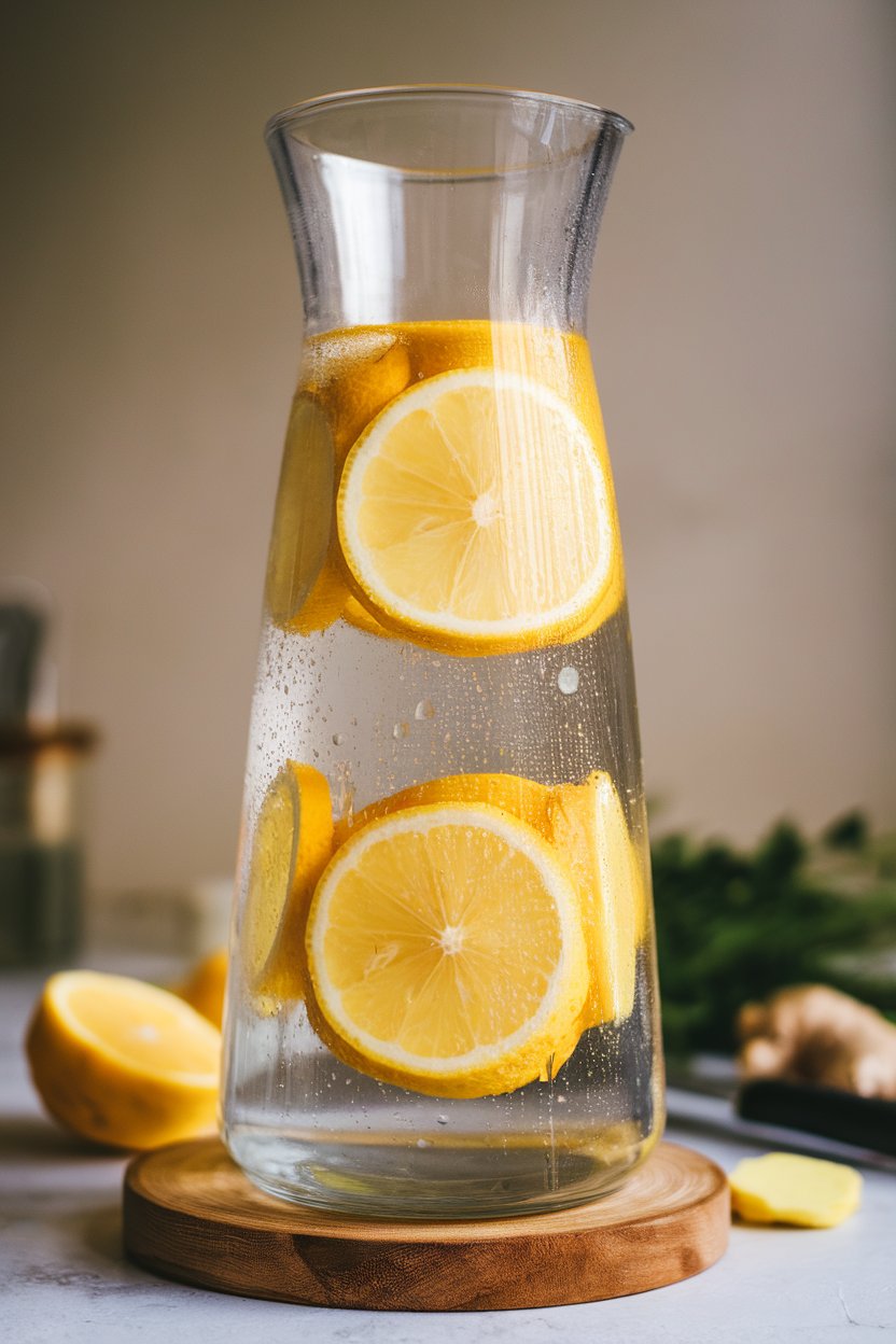 A photo of a tall glass carafe indoors, containing lemon wheels and a few coins of fresh ginger, condensation beading on the outside; neutral background, no text or logos.