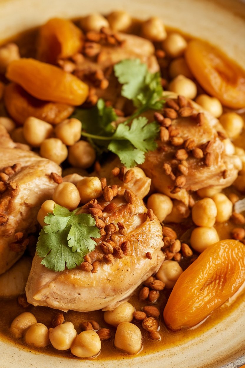 Indoor tagine-style dish showing braised chicken pieces with dried apricots, chickpeas, and warm spices, cilantro garnish. No text or logos, photo not illustration.