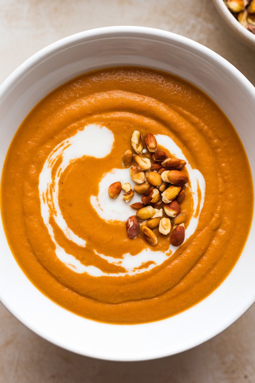 Indoor photo of a smooth orange soup in a white bowl, drizzle of coconut milk swirl, roasted pepitas sprinkled on top, no text or logos