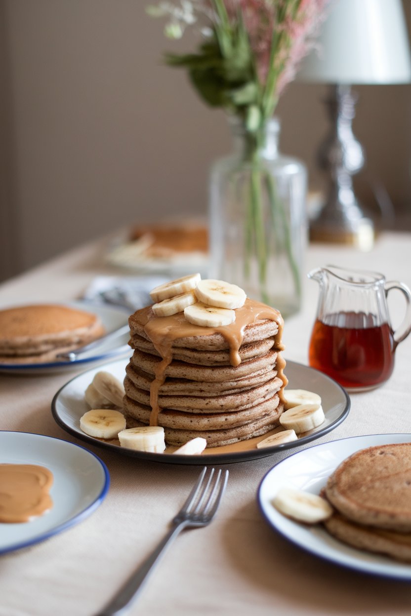 Indoor breakfast table featuring a stack of whole-grain pancakes topped with almond butter drizzle and banana slices, small pitcher of maple syrup off to the side. No text or logos, photo not illustration.