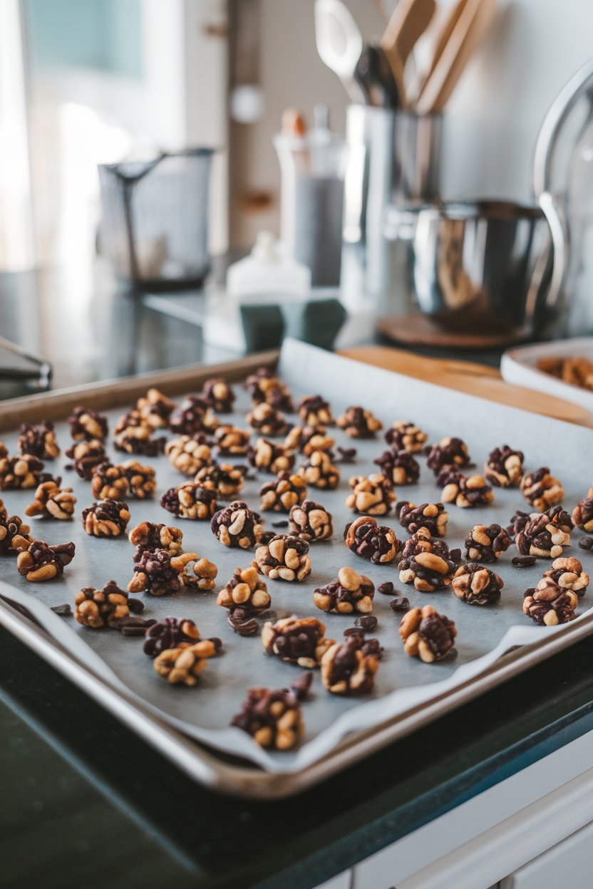 A baking sheet on an indoor counter lined with small nut clusters flecked with cacao nibs, photo, no text or logos.