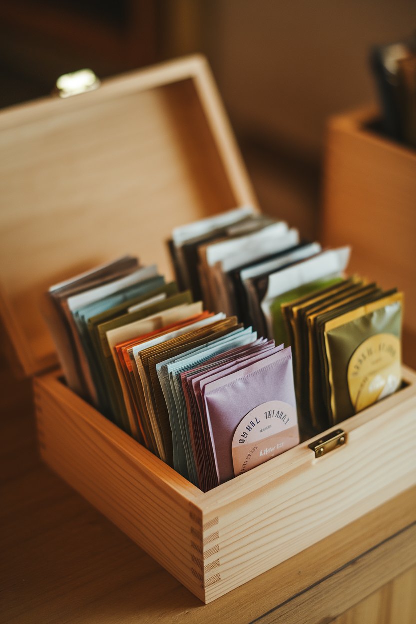 Photo of an assorted arrangement of unbranded herbal tea bags in a wooden box indoors, warm ambient light, no text or logos
