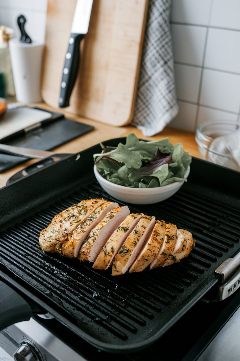Indoor kitchen grill pan holding cooked chicken breast with herb flecks, sliced to show juiciness, small bowl of salad greens nearby. No text or logos, photo not illustration.