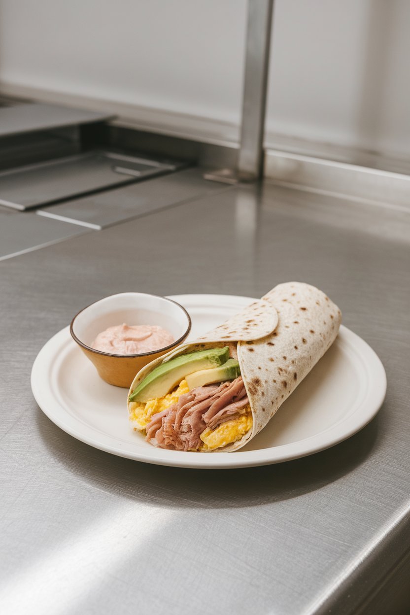 Indoor breakfast counter showing a wrap with scrambled egg whites, smoked turkey, and avocado slices. No branding present.