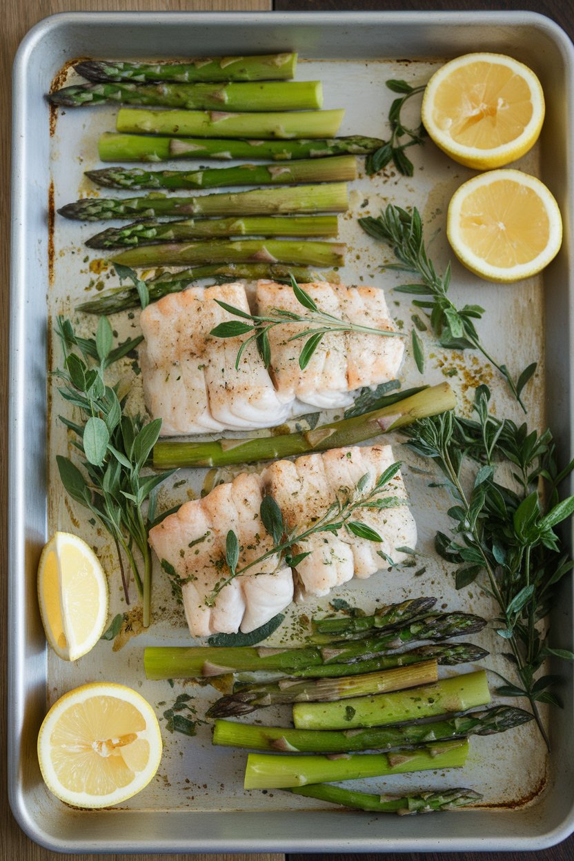 An indoor baking sheet showing cooked tilapia fillets and asparagus spears, herbs and lemon slices scattered. No logos or text. Photo.