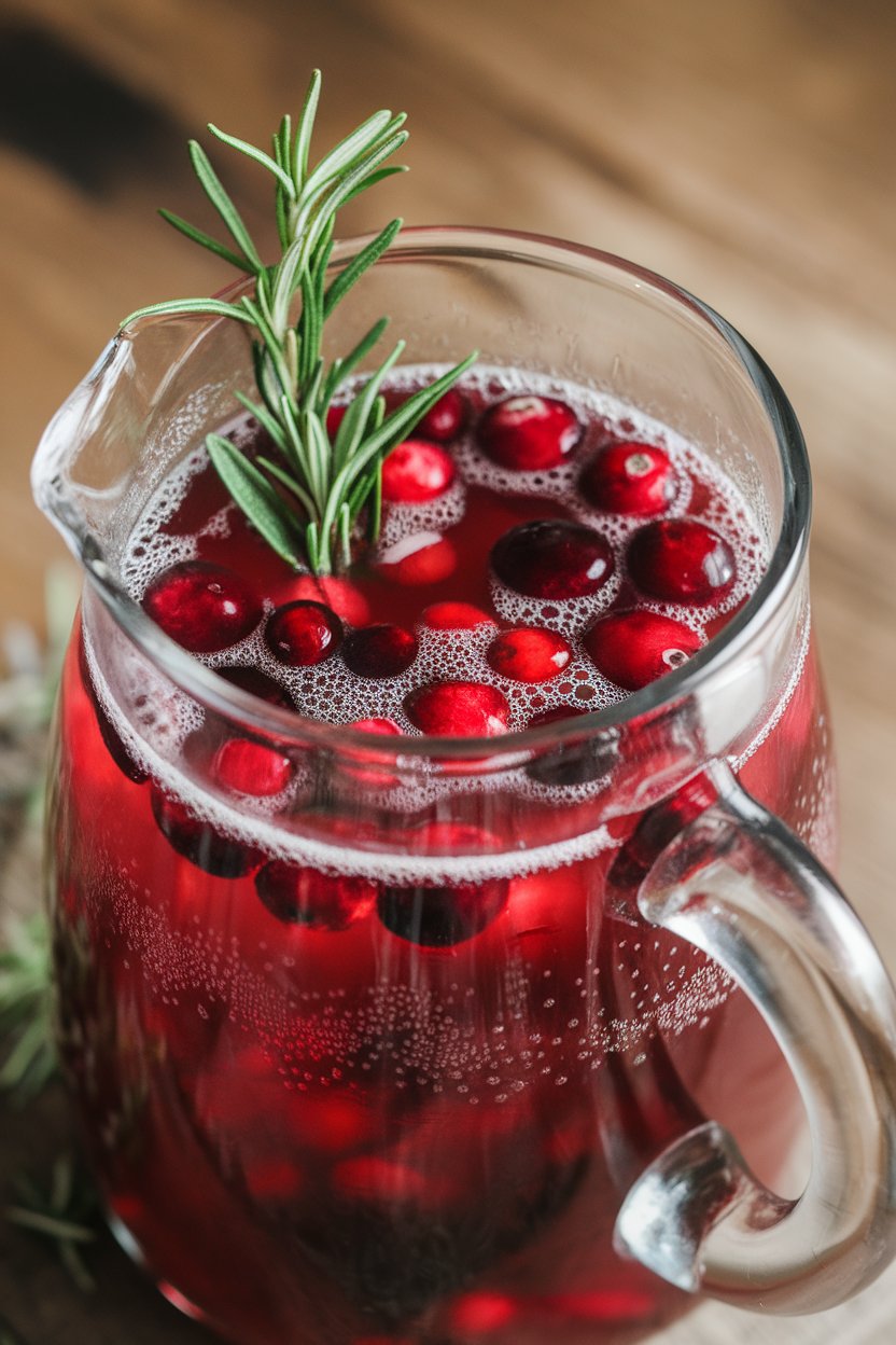 A glass pitcher indoors filled with cranberry punch, floating cranberries and rosemary sprigs, fizzy bubbles visible—no text or logos. Photo.