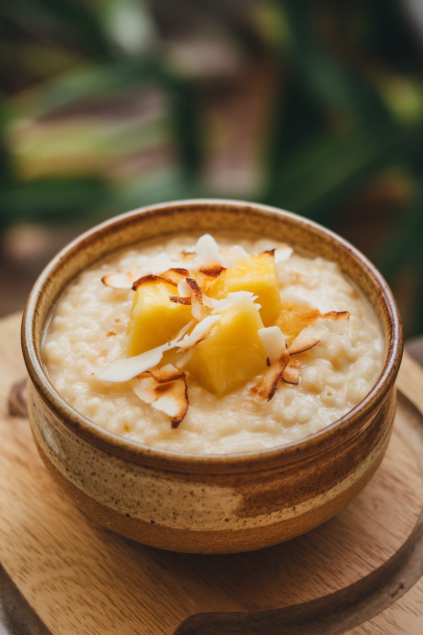An indoor ceramic bowl filled with creamy rice pudding topped with pineapple chunks and toasted coconut flakes. Photo only; no logos or text.