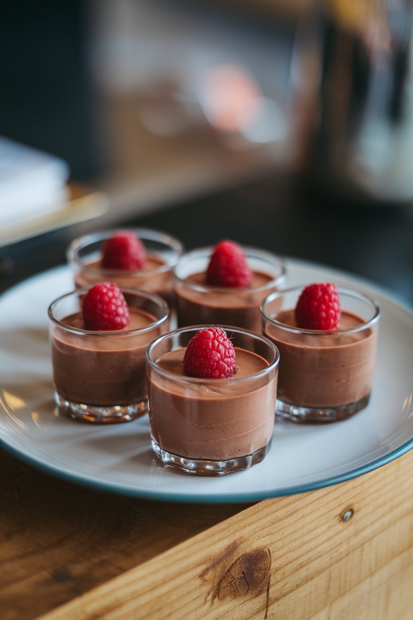 An indoor dessert plate featuring small glass cups of silky chocolate mousse topped with a raspberry, no visible text or logos. Photo.