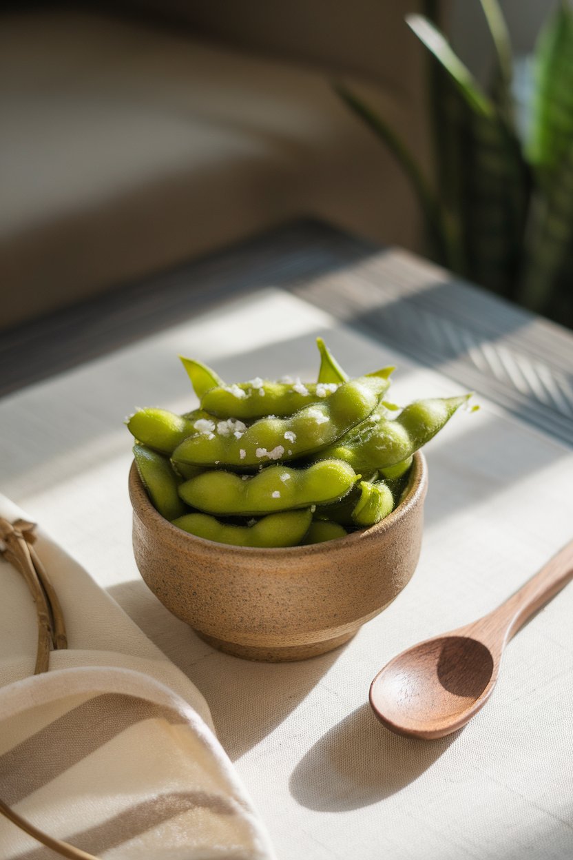 A small ceramic bowl of steamed edamame pods, lightly salted, placed on an indoor coffee table under soft lighting. No text or logos visible.
