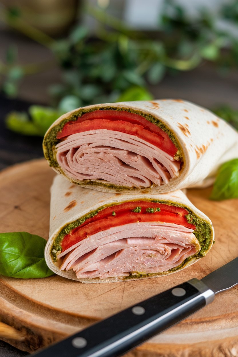 Indoor tabletop featuring a sliced wrap packed with sliced turkey breast, fresh tomato rounds, and a thin layer of basil pesto on whole-wheat lavash. No logos present.