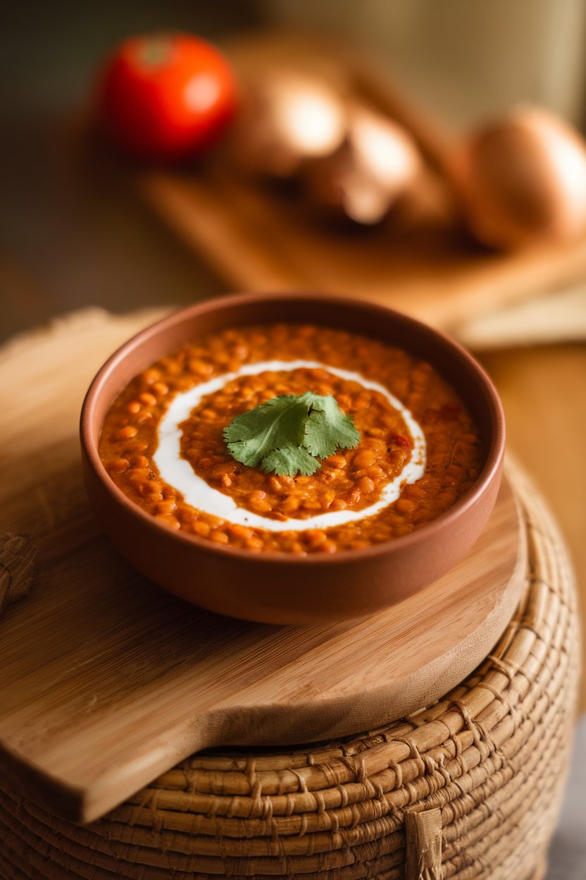 Indoor photo of a bowl of thick red lentil dhal with a swirl of coconut cream and cilantro sprig, warm lighting. No text or logos.