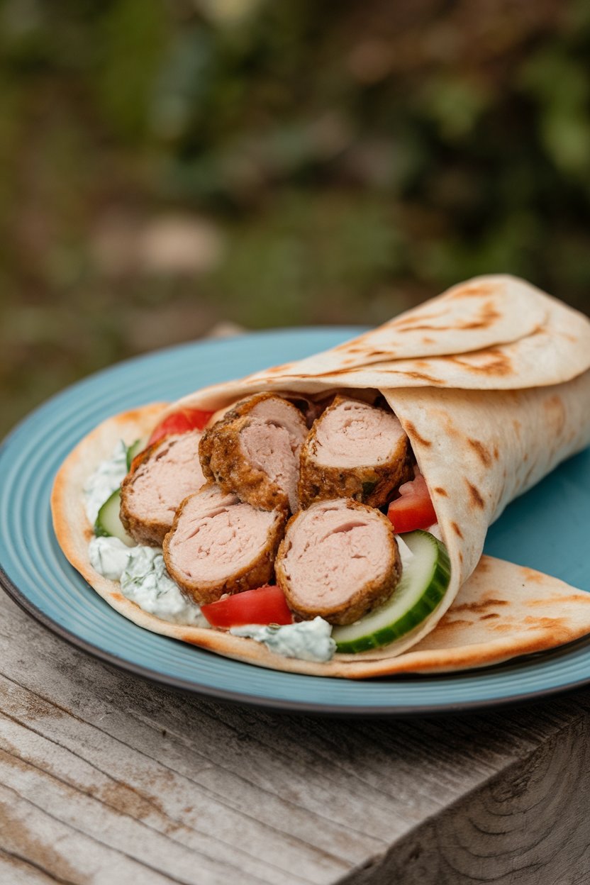 Indoor plate featuring a wrap with sliced turkey meatballs, cucumber, tomato, and tzatziki on a pita. No text or logos.