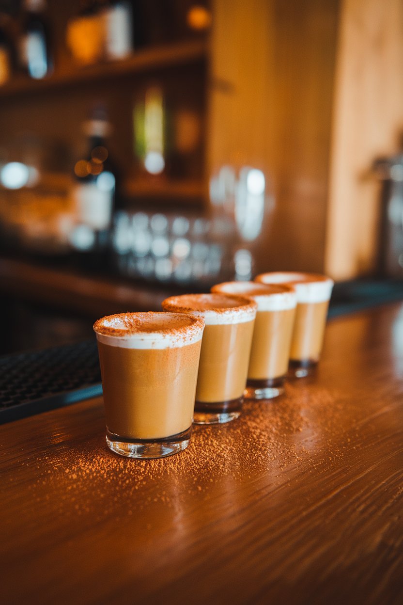 Photo of caramel-brown shots dusted lightly with ground cinnamon on a wooden indoor bar; no text or branding.