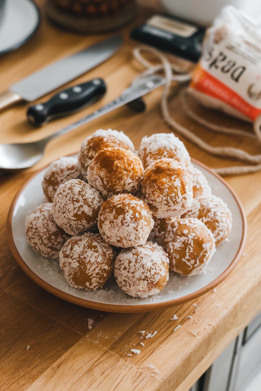 An indoor countertop scene with a plate of round pumpkin spice energy bites rolled in shredded coconut. No branding or text. Photo.