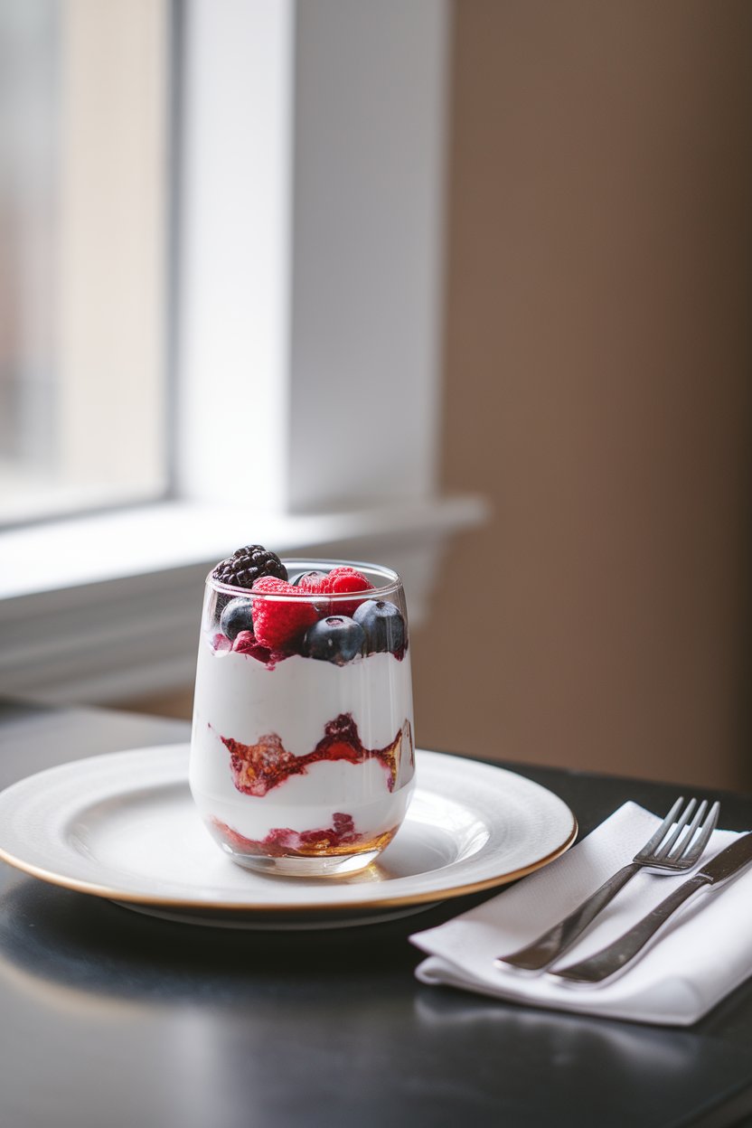 A clear glass filled with layers of plain Greek yogurt, mixed berries, and a drizzle of honey on an indoor breakfast table; natural window light, no text or logos, photo only.