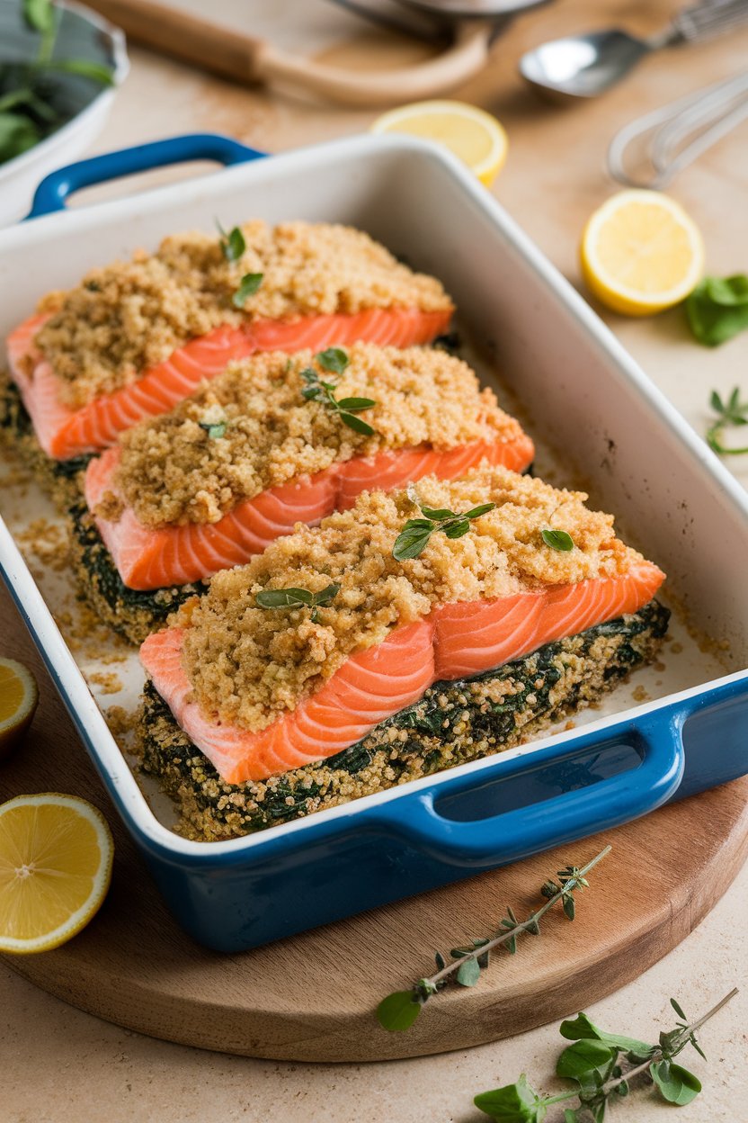 An indoor baking dish containing salmon fillets stuffed with a quinoa and spinach mixture, tops lightly browned. No brand names visible.
