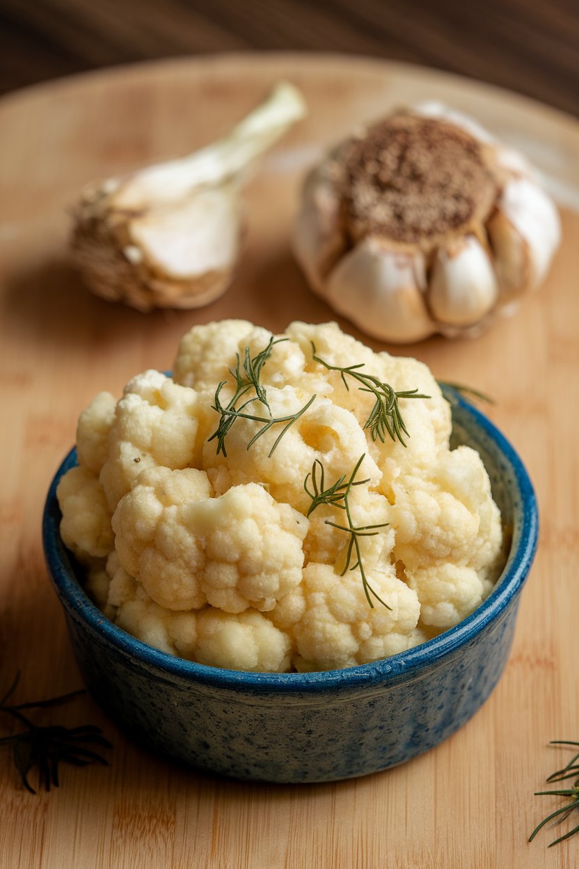 Indoor food photo of creamy mashed cauliflower in a small casserole dish, roasted garlic bulb beside; no text or logos.