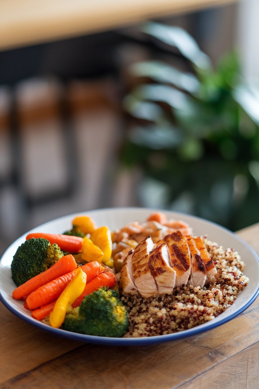 Photo — A dinner plate indoors showing roasted carrots, broccoli, and bell peppers occupying one side, with grilled chicken and quinoa on the other. No text or logos present.