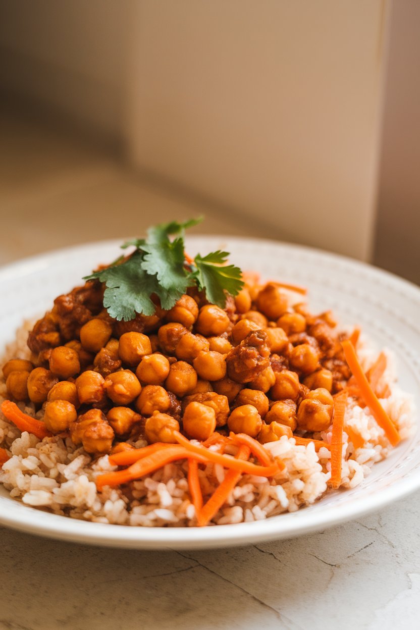 Indoor photo of saucy sweet-chili chickpeas over brown rice with shredded carrots and cilantro. No text or logos.