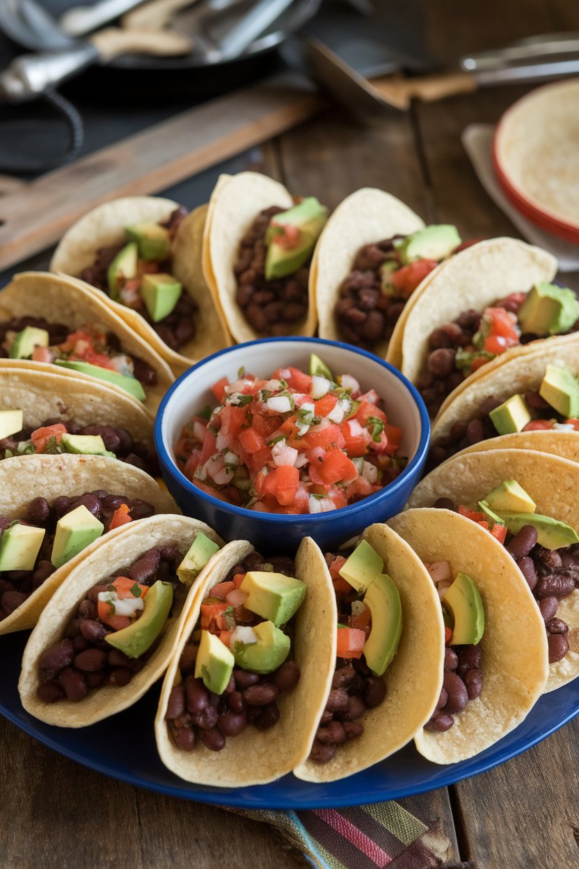 Indoor photo of corn tortillas filled with seasoned black beans, diced avocado, and fresh salsa, laid out on a platter; no text or logos.