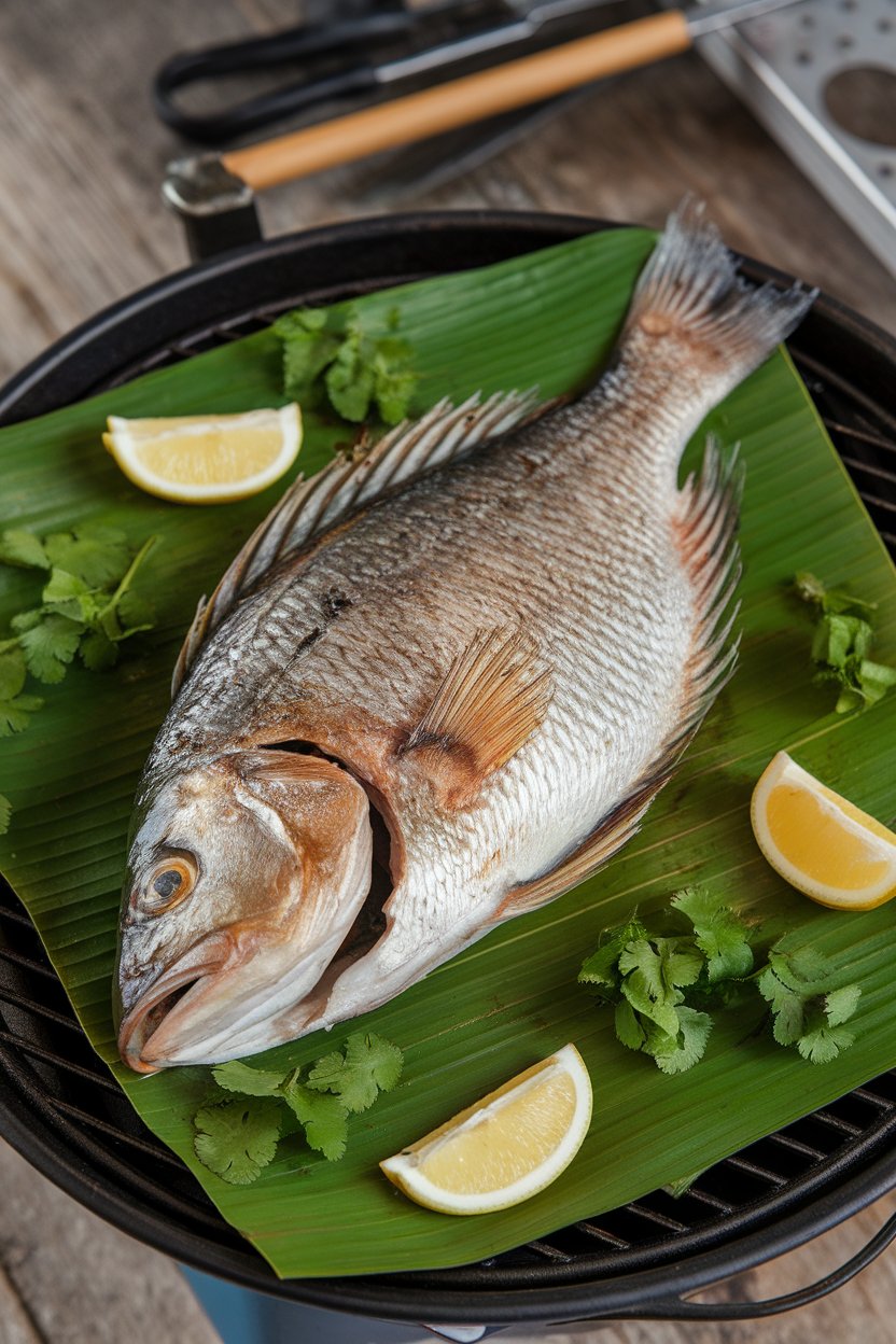 An indoor tabletop grill with a whole cooked pomfret, skin crisp and lightly charred, lemon wedges and coriander scattered around. No text or logos. Photo, not illustration.