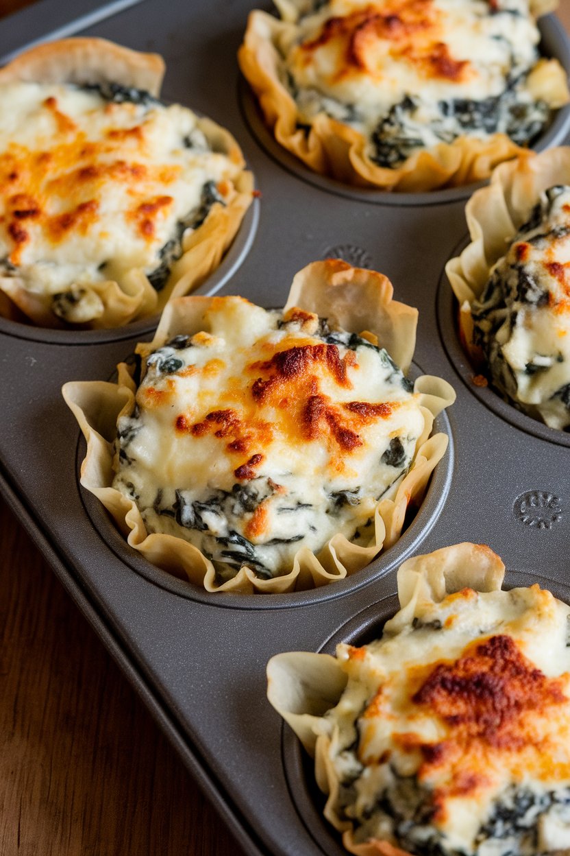 A muffin tin holding phyllo cups filled with bubbling spinach artichoke dip, cheese lightly browned. No text or logos.