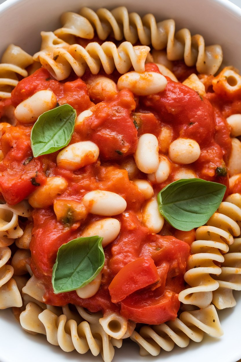 Indoor shot of cavatappi pasta wrapped in a chunky tomato and cannellini bean sauce, basil leaves atop. No text or logos.